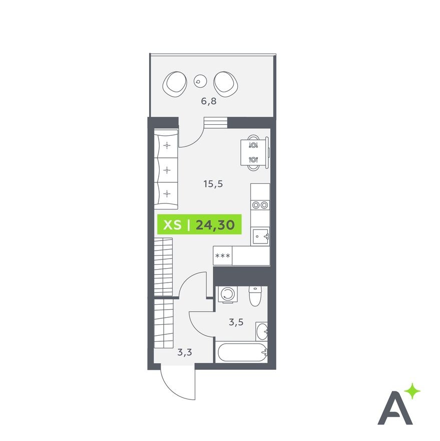 Студия-квартира, 24.3 м²