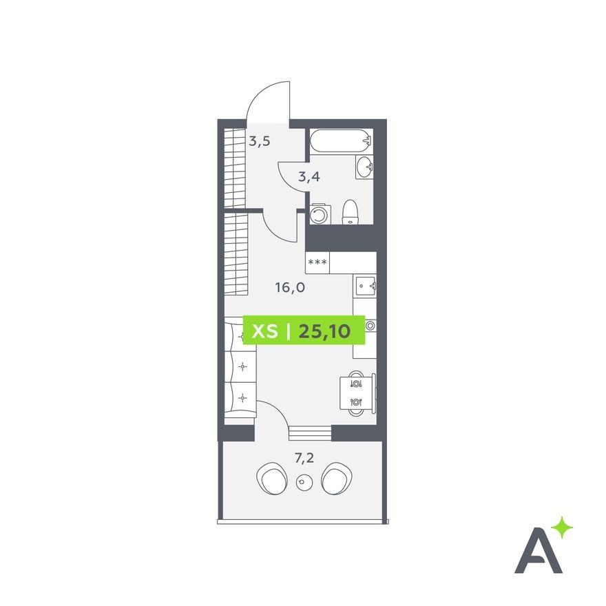 Студия-квартира, 25.1 м²