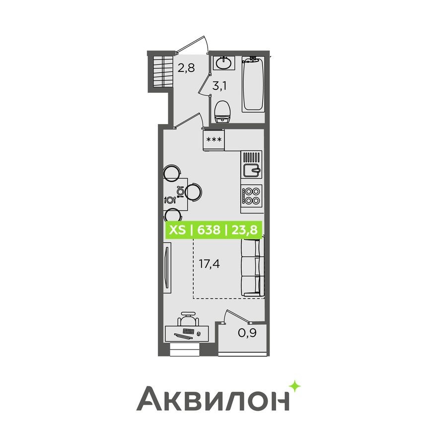 Студия-квартира, 23.8 м²