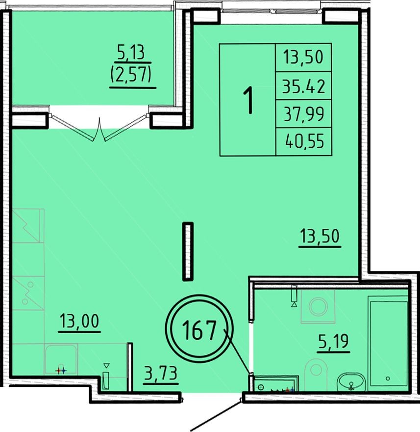 1к. квартира, 35.4 м²