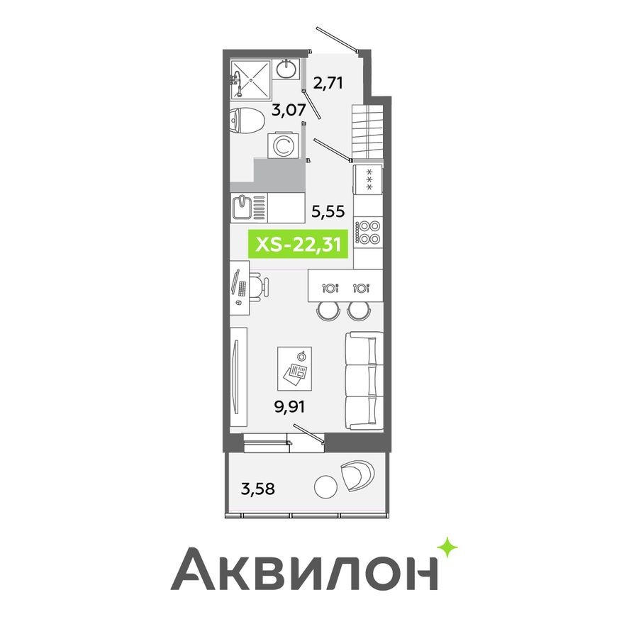 Студия-квартира, 22.3 м²