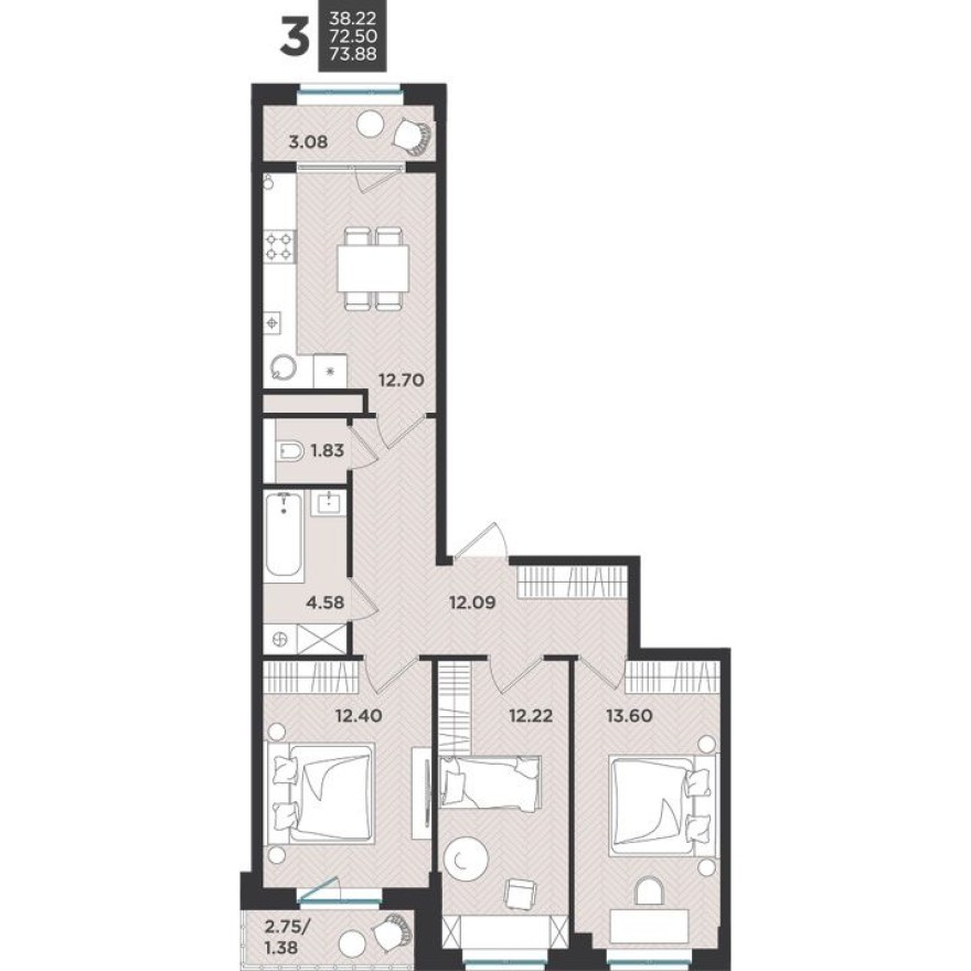 3к. квартира, 73.9 м²