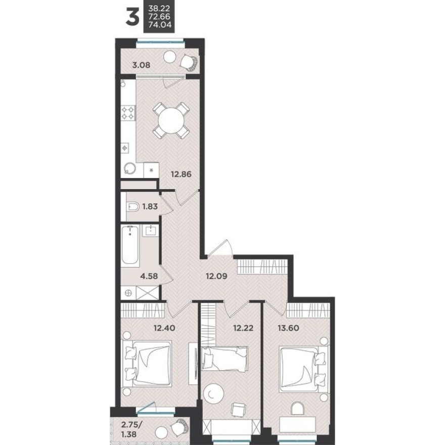 3к. квартира, 74.0 м²