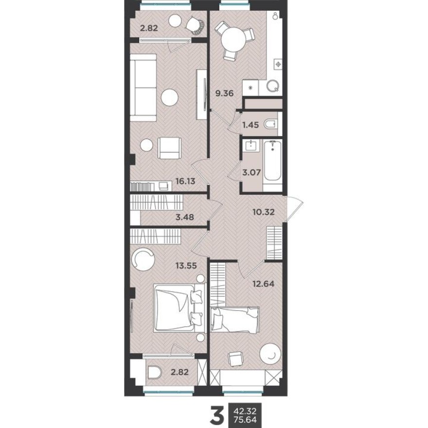 3к. квартира, 75.6 м²