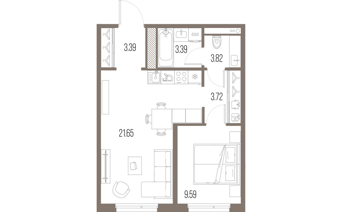 Планировка — 1к. квартира, 44.6 м²