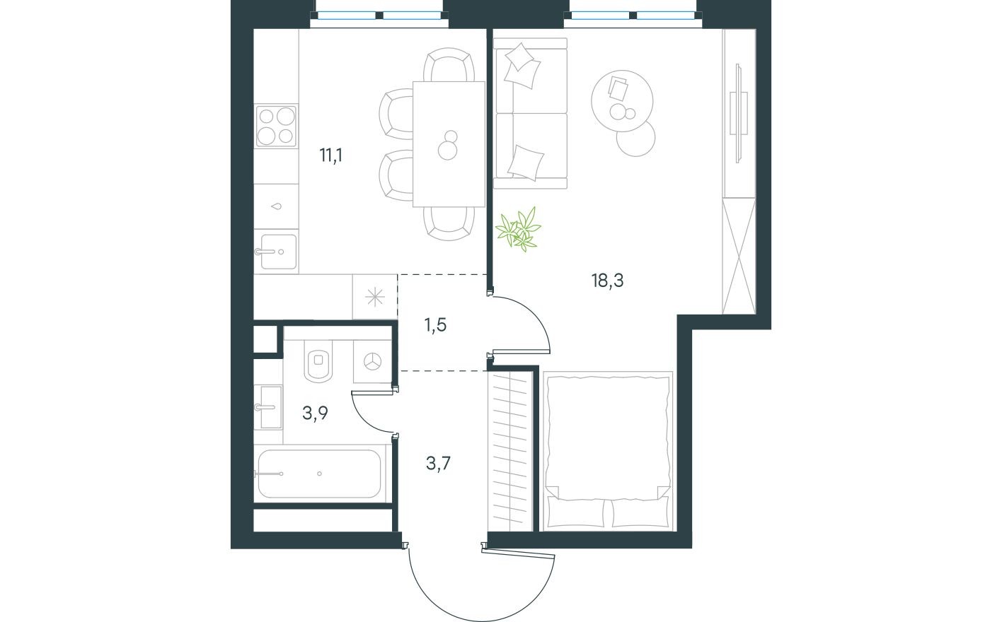 1к. квартира, 38.5 м²