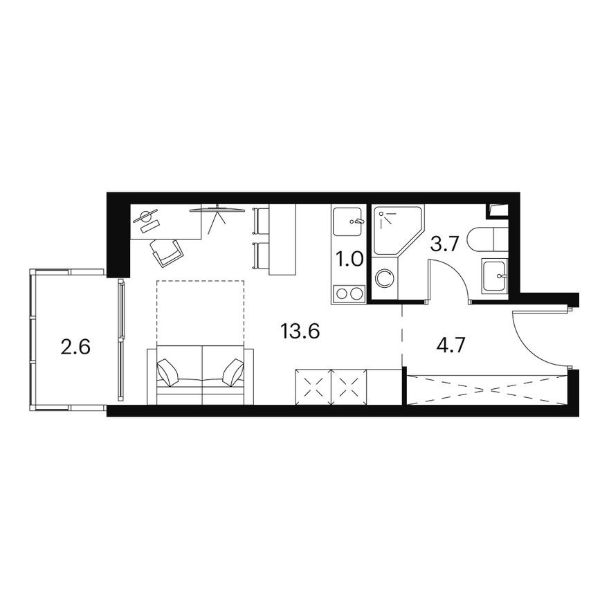 Студия-апартаменты, 25.6 м²