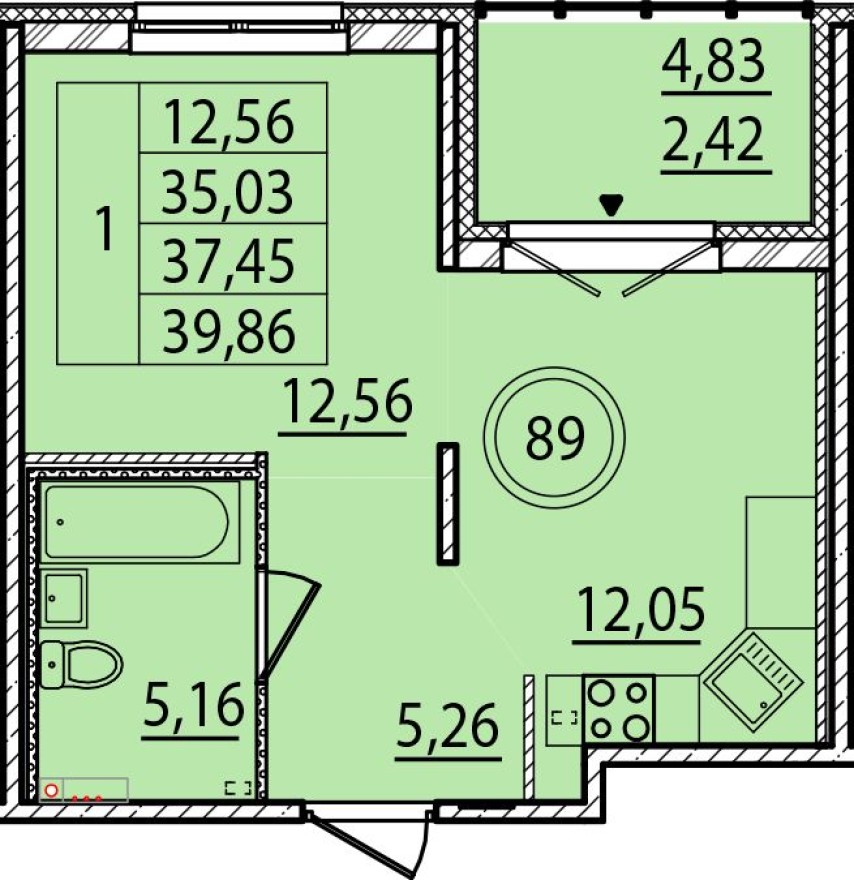 1к. квартира, 35.0 м²