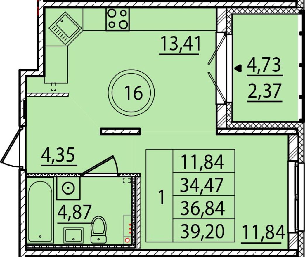 1к. квартира, 34.5 м²
