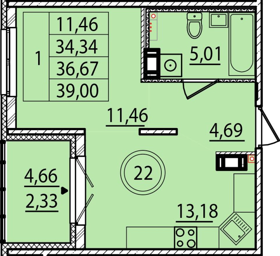 1к. квартира, 34.3 м²