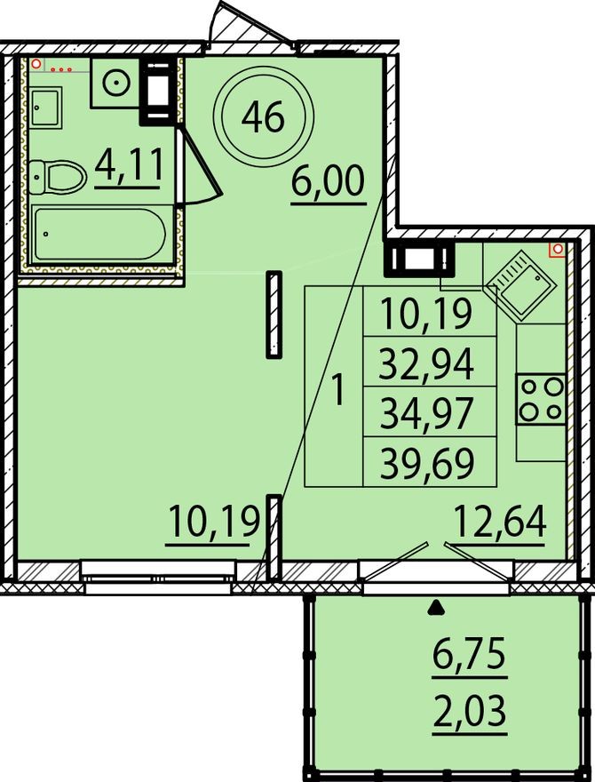 1к. квартира, 32.9 м²