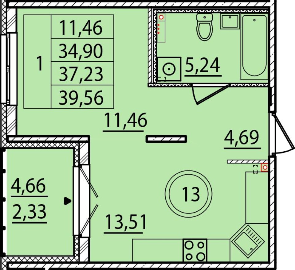 1к. квартира, 34.9 м²