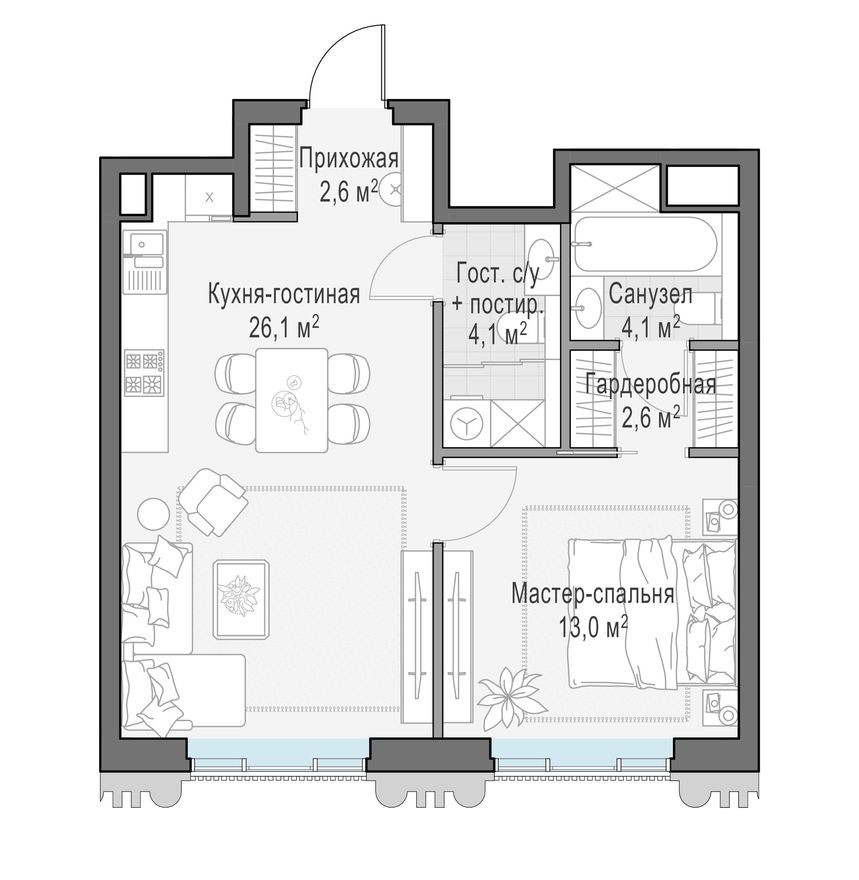 1к. квартира, 52.0 м²