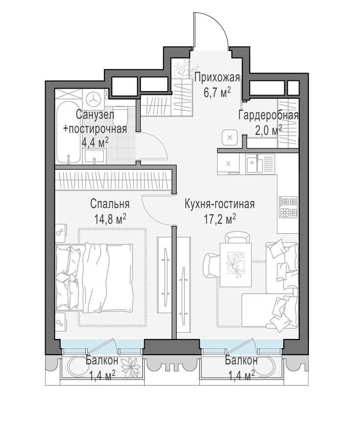 1к. квартира, 45.7 м²