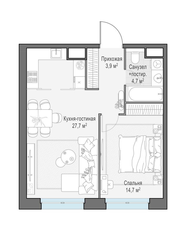 1к. квартира, 51.0 м²