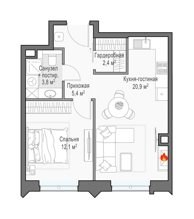1к. квартира, 45.1 м²