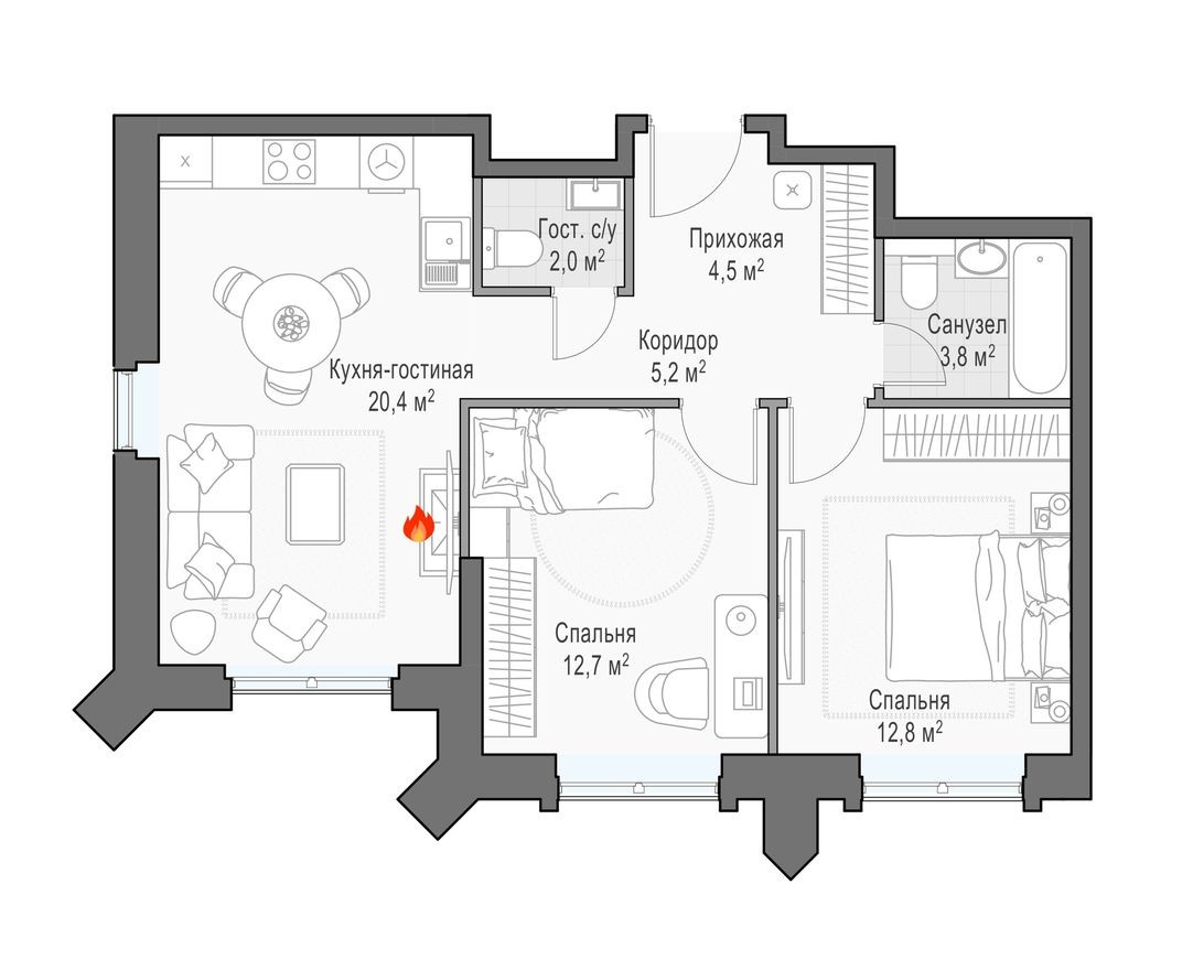 2к. квартира, 62.9 м²