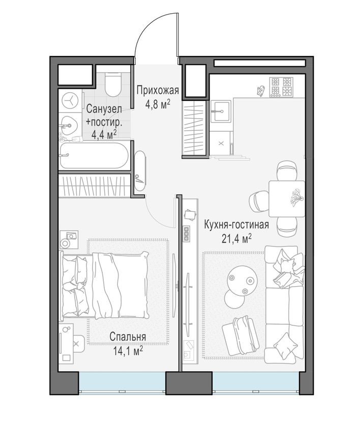 1к. квартира, 44.7 м²