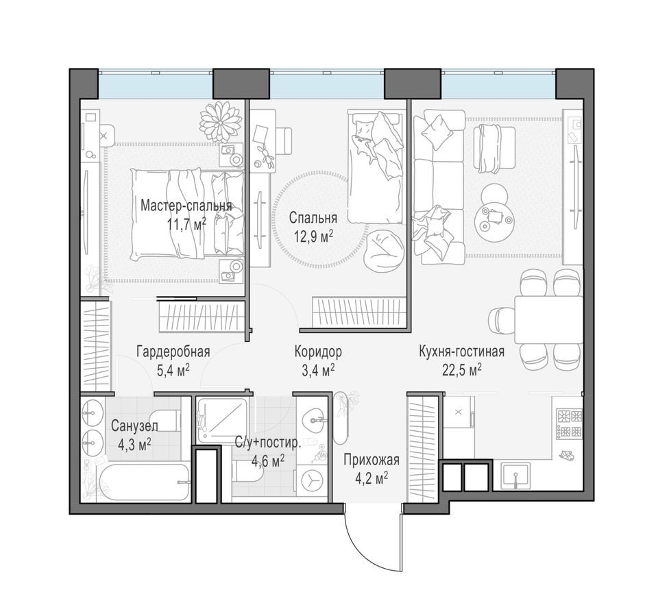 2к. квартира, 68.9 м²