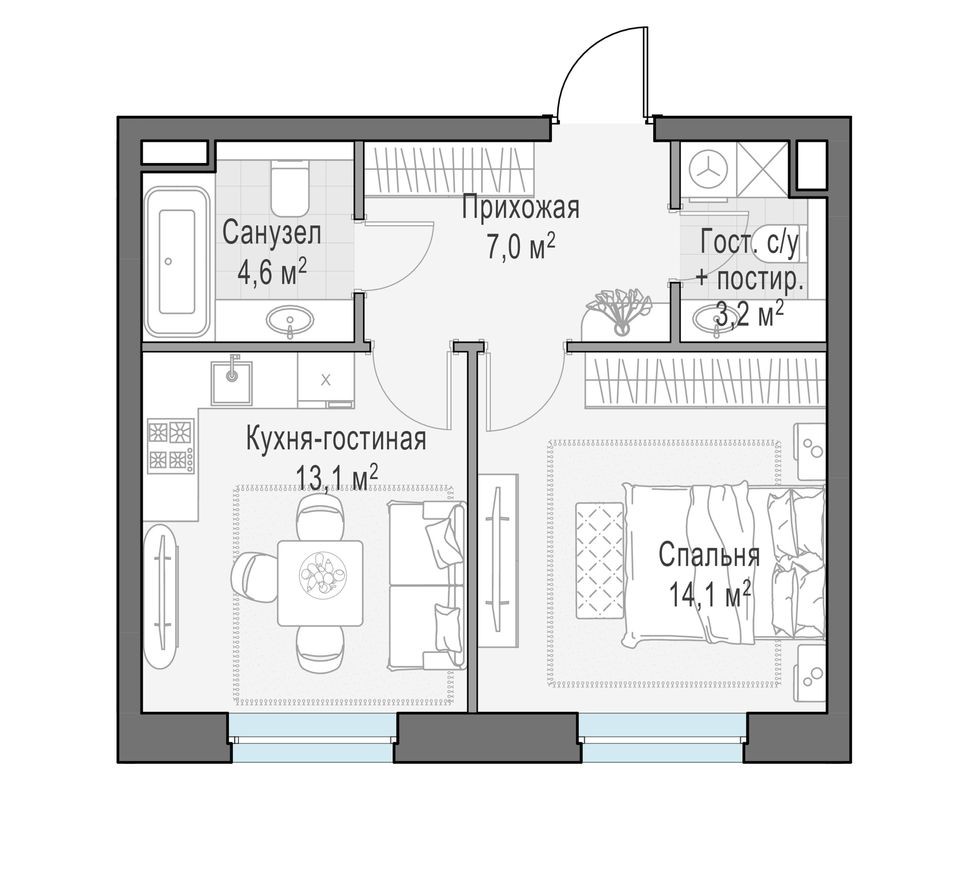 1к. квартира, 42.0 м²