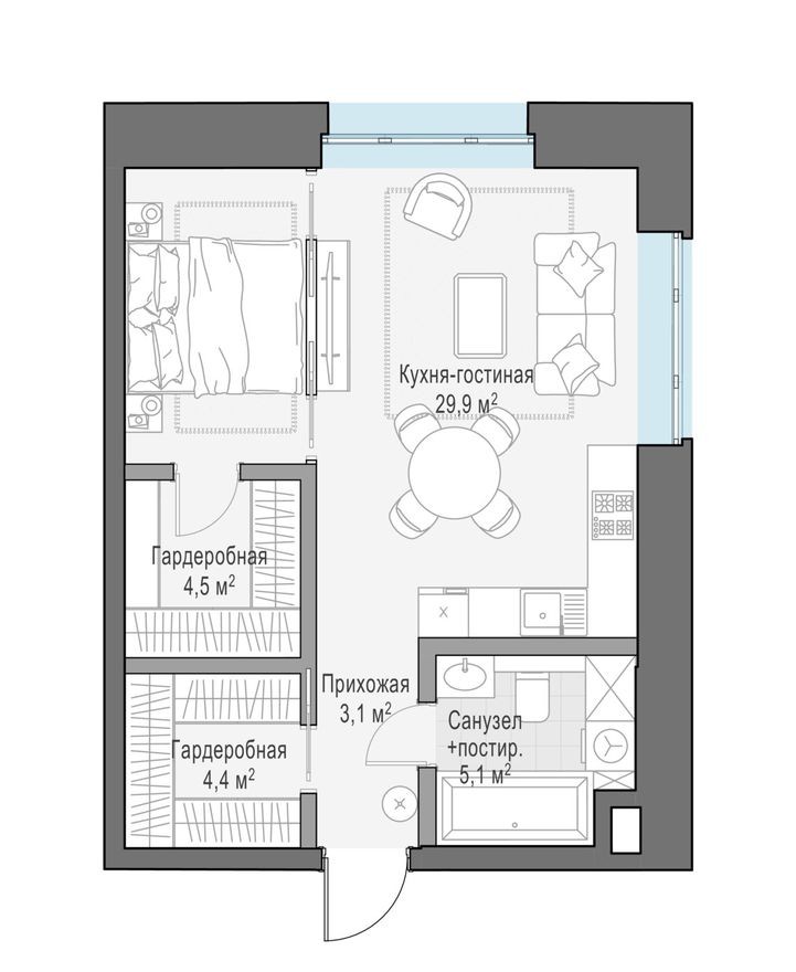 Студия-квартира, 49.6 м²