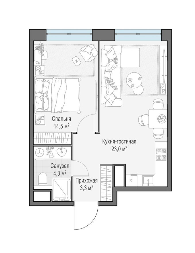 1к. квартира, 45.0 м²