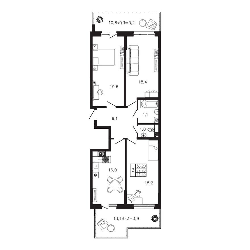 3к. квартира, 94.3 м²