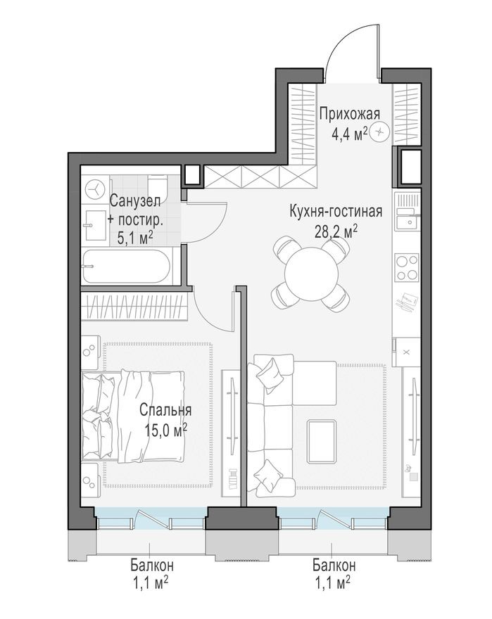 1к. квартира, 53.4 м²