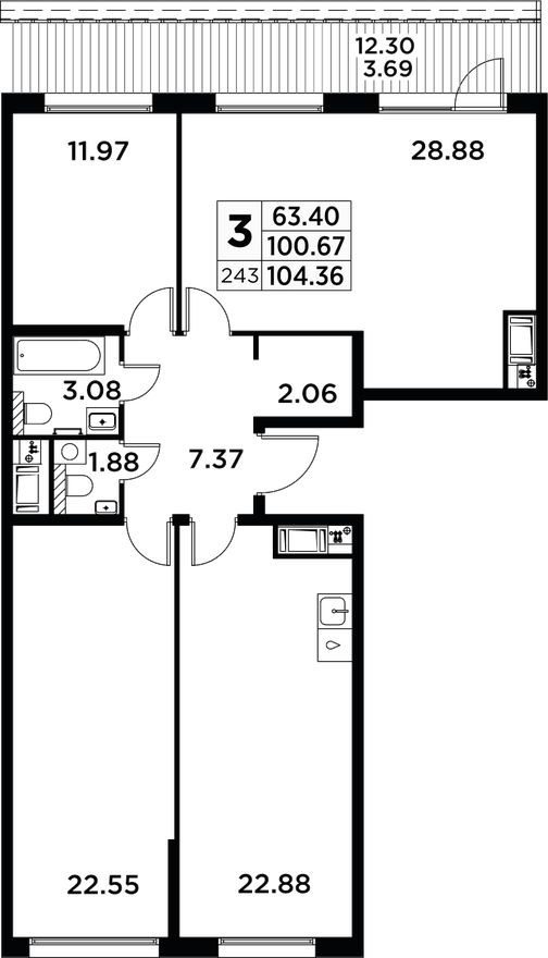 3к. квартира, 105.0 м²