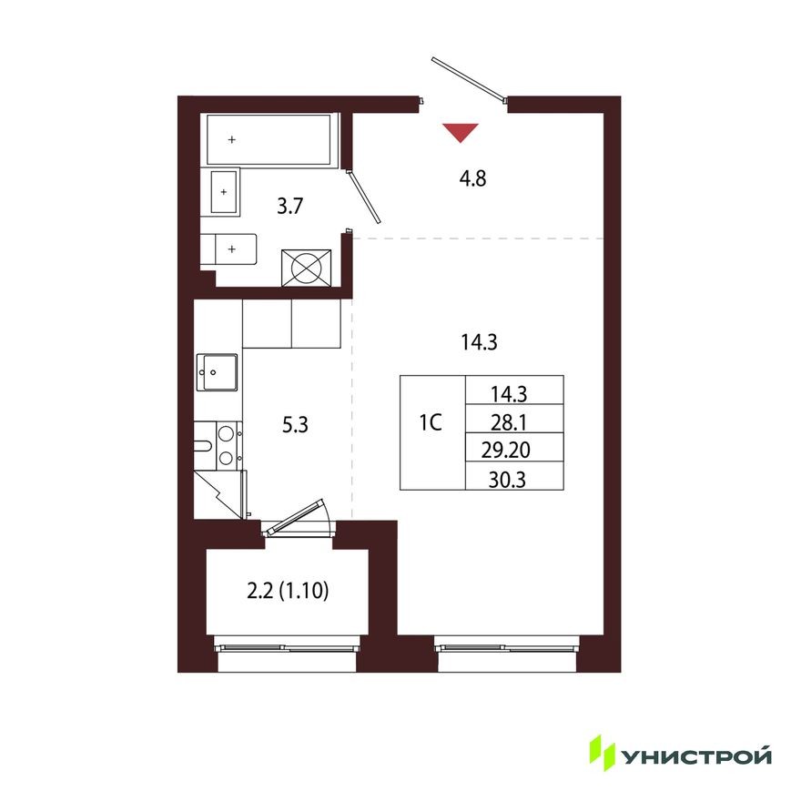 1к. квартира, 29.2 м²
