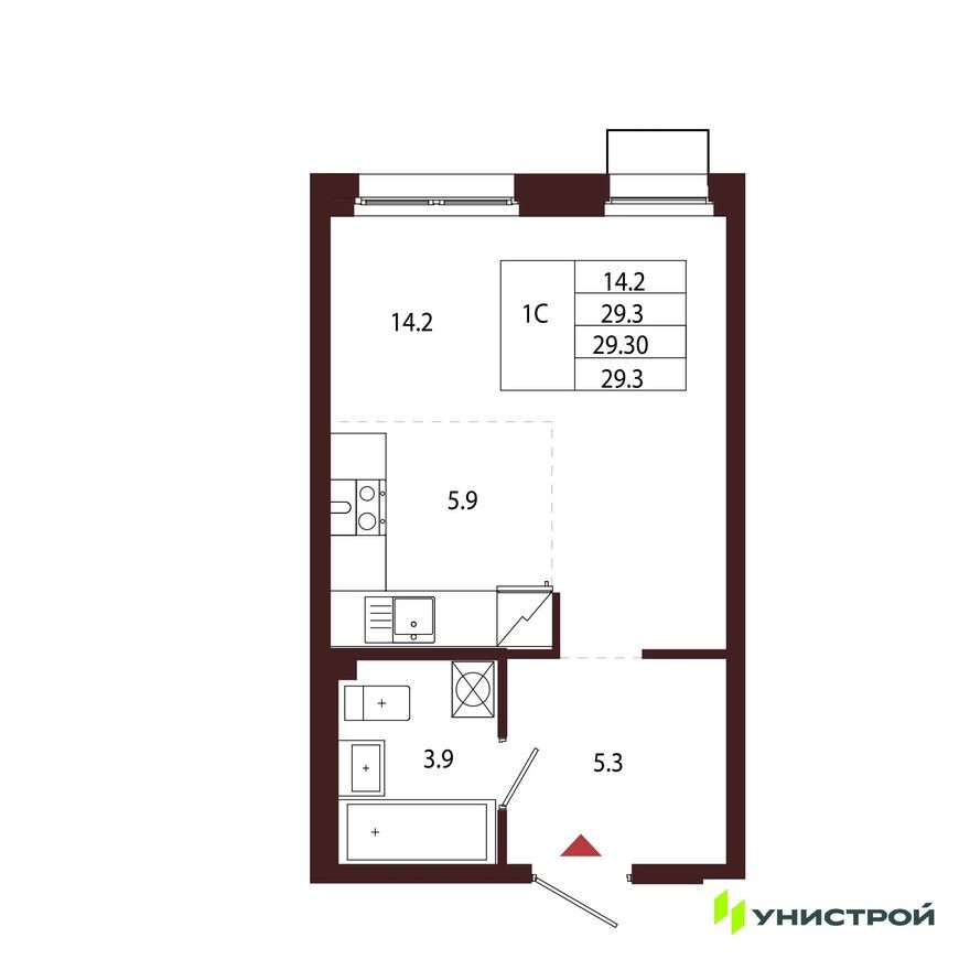 1к. квартира, 29.3 м²