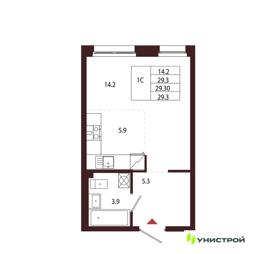 1к. квартира, 29.3 м²