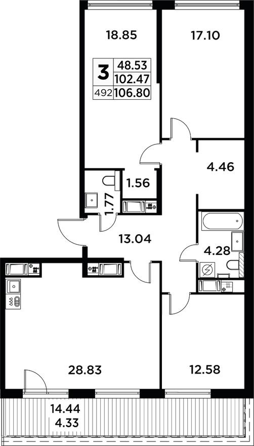 3к. квартира, 107.8 м²