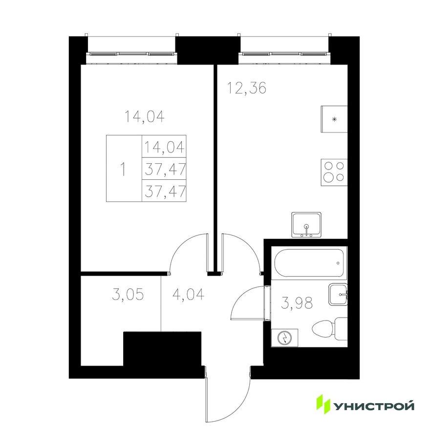 1к. квартира, 37.5 м²