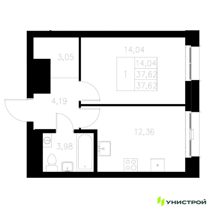 1к. квартира, 37.6 м²