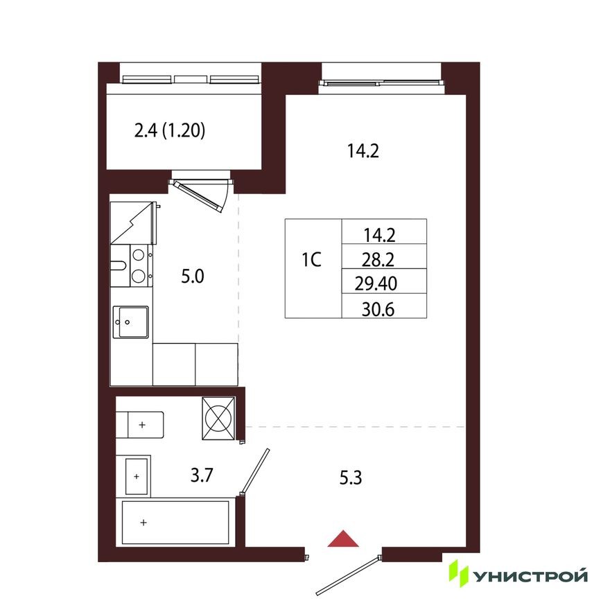 1к. квартира, 29.4 м²