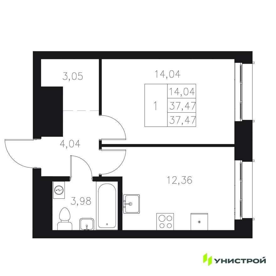 1к. квартира, 37.5 м²