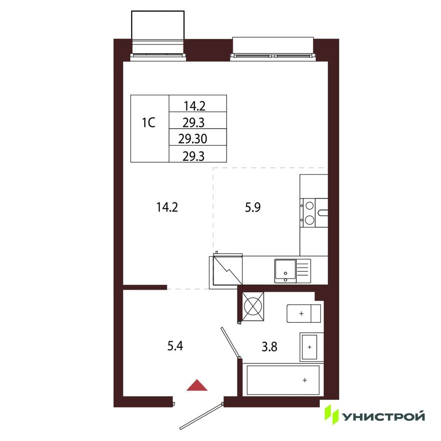 1к. квартира, 29.3 м²