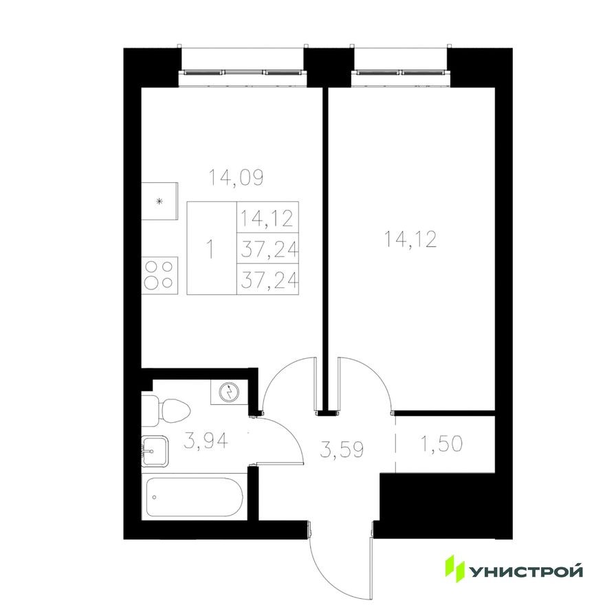 1к. квартира, 37.2 м²