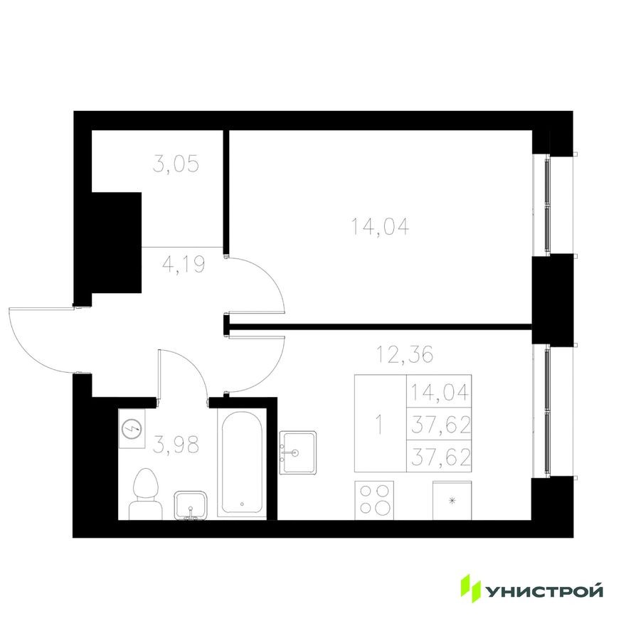 1к. квартира, 37.6 м²