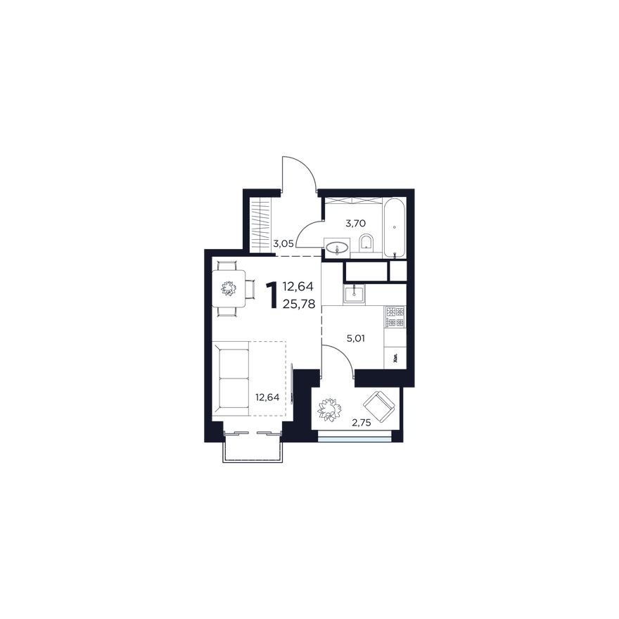 1к. квартира, 25.8 м²