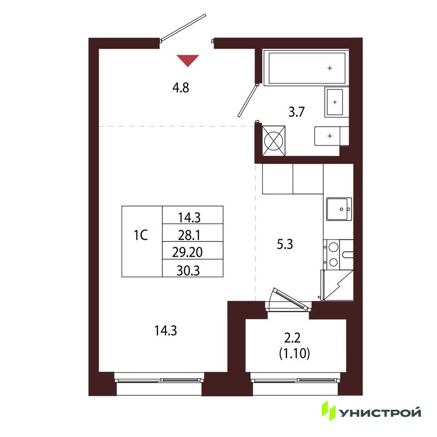 1к. квартира, 29.2 м²