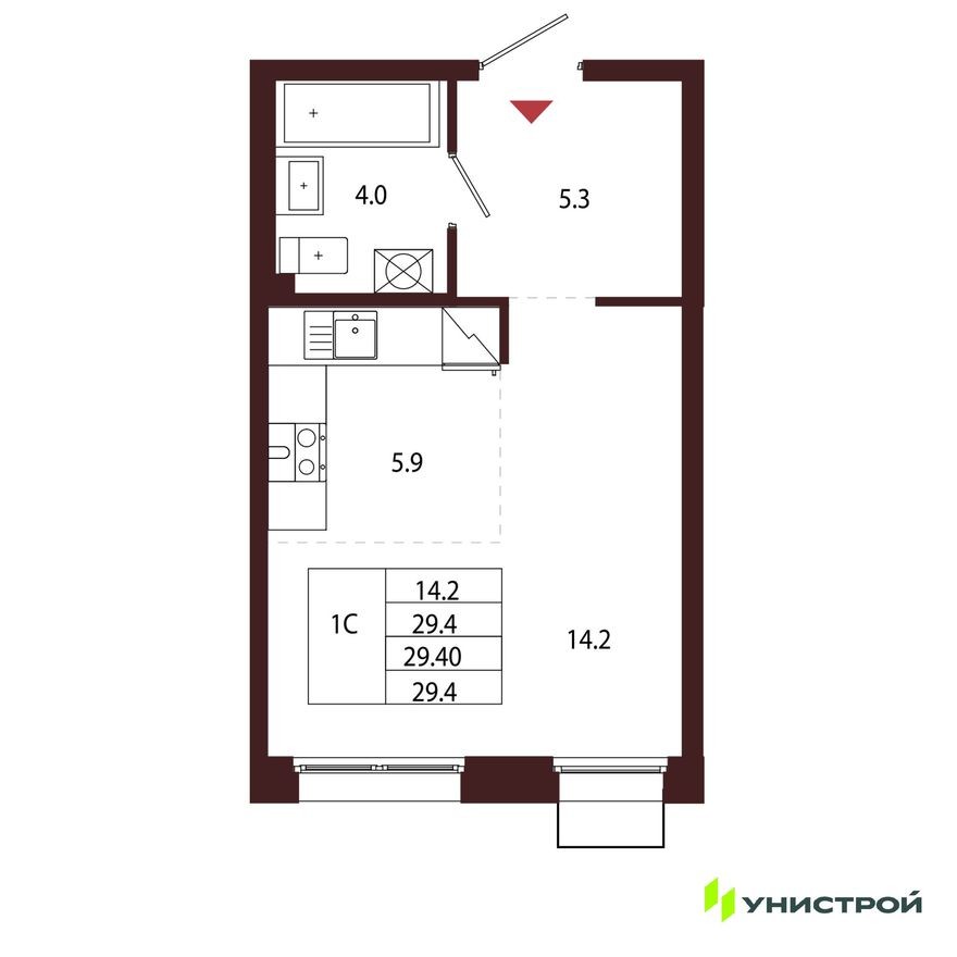 1к. квартира, 29.4 м²