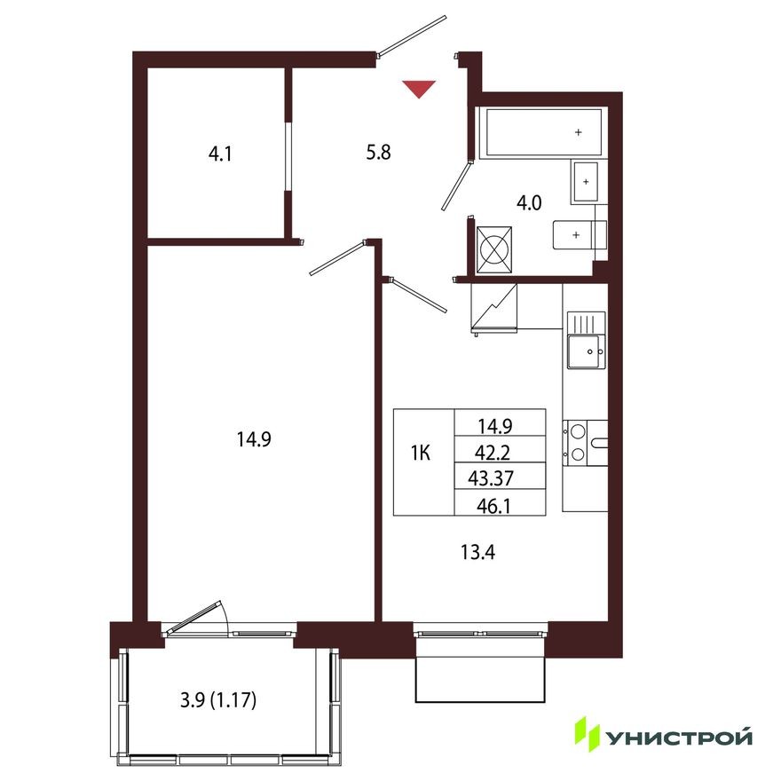 1к. квартира, 43.4 м²