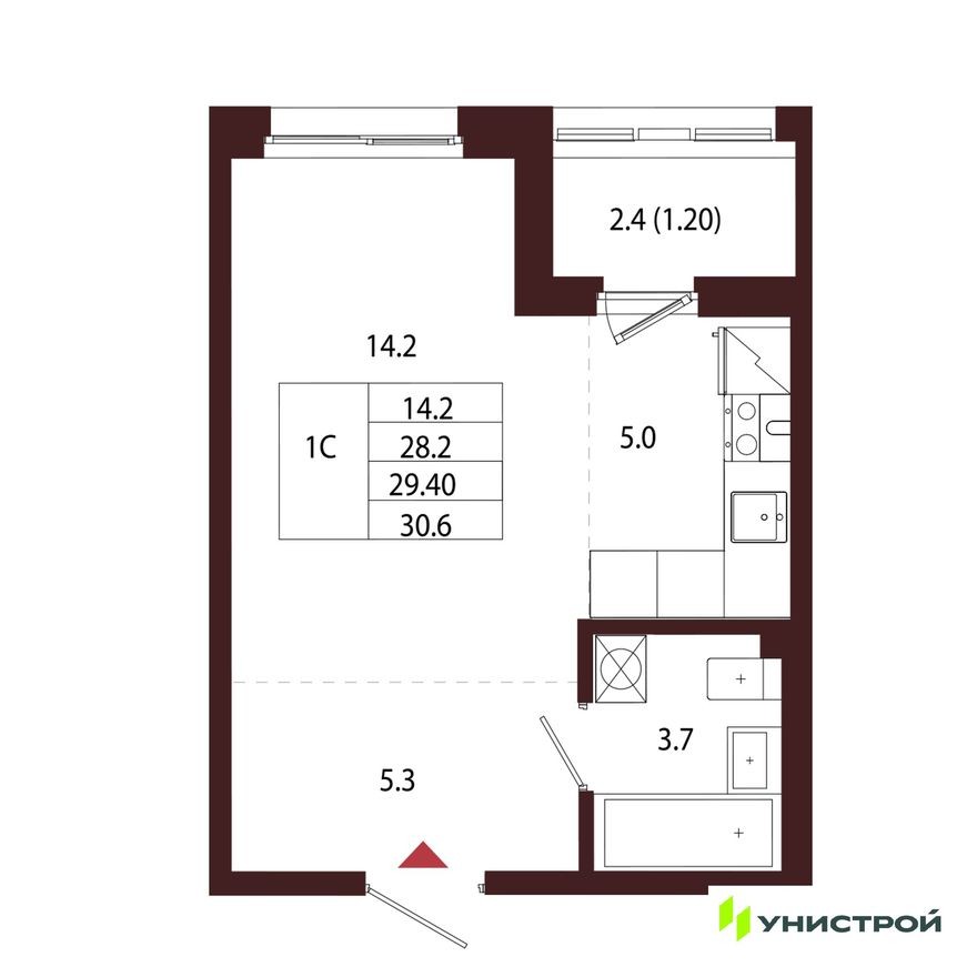 1к. квартира, 29.4 м²