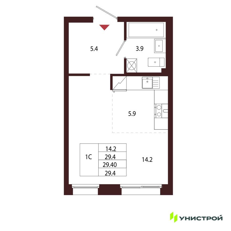 1к. квартира, 29.4 м²