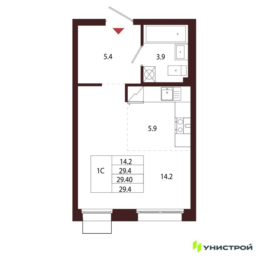 1к. квартира, 29.4 м²
