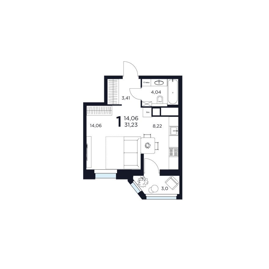 1к. квартира, 31.2 м²