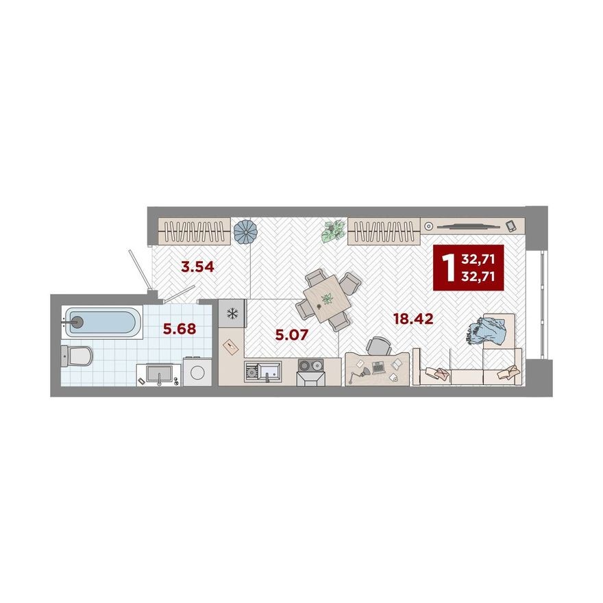 1к. квартира, 32.7 м²