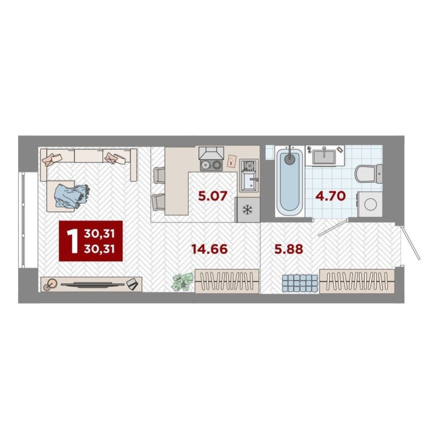 1к. квартира, 30.3 м²